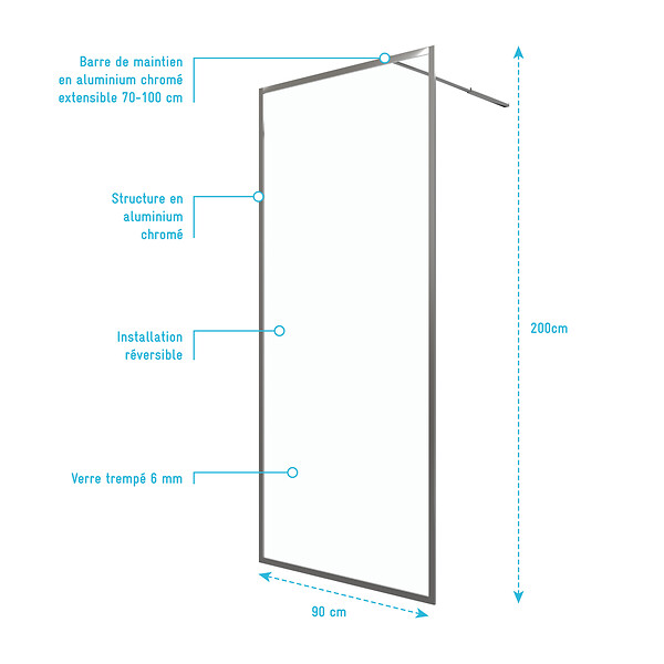 AURLANE - Paroi de Douche 90x200 cm - Cadre et Bras Aluminium Chrome - CHROMED CONTOURING - large