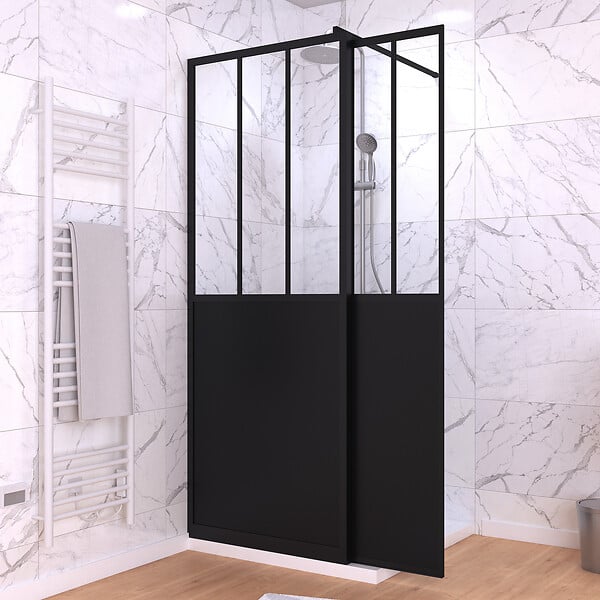 AURLANE - Paroi de Douche Fixe avec Volet Pivotant 80+40 x 200 cm - Finition Noir Mat et Verre Trempé - large