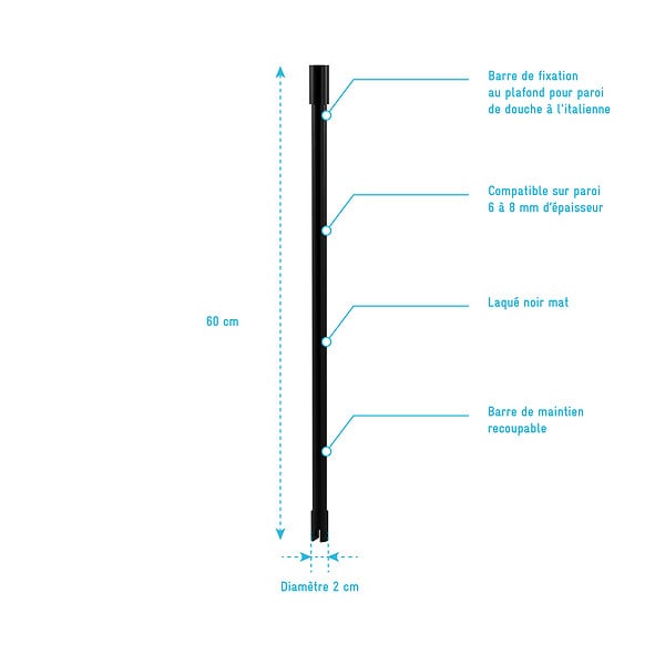 AURLANE - Barre de fixation plafond pour douche a l'italienne laque NOIR MAT - 60cm RECOUPABLE - large