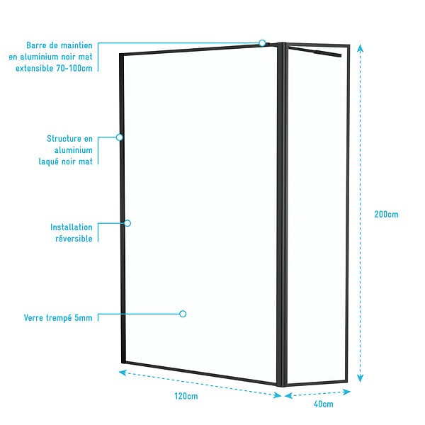 AURLANE - Paroi de Douche avec Volet Pivotant - Cadre et Bras Alu. NOIR MAT - 120+40x200cm - DARK CONTOURING - large