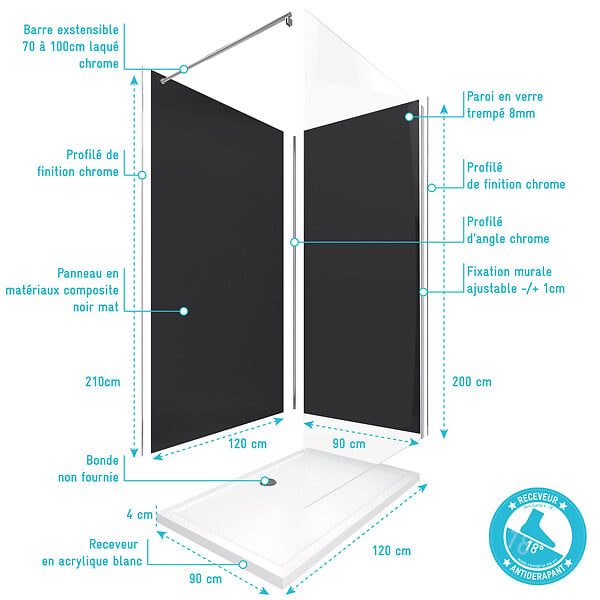 AURLANE - Pack Douche a l'Italienne 90x120 - Kit Panneaux Muraux Noir/Chrome + Receveur + Paroi 8 mm - large