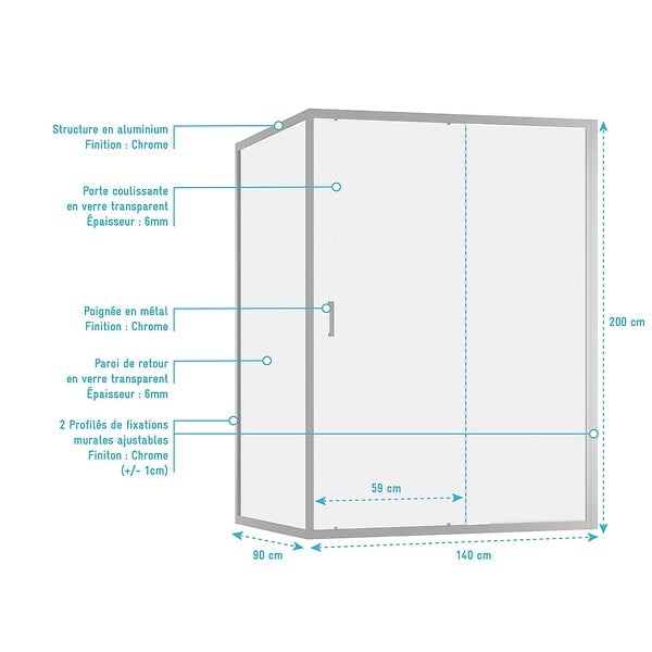 AURLANE - Porte de Douche Coulissante et Retour 140x90x200cm - Profilés Chrome - Verre trempé 6mm - large