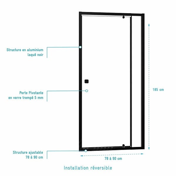 AURLANE - Porte de douche Pivotante Noir 80-90x185cm - Extensible de 78 à 90 cm - BLACK SLIDE 80 90 - large