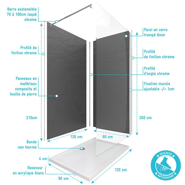 AURLANE - Ensemble complet douche à l'Italiennne avec Receveur 120x90 + Paroi chrome + Panneaux muraux 90&120 - large