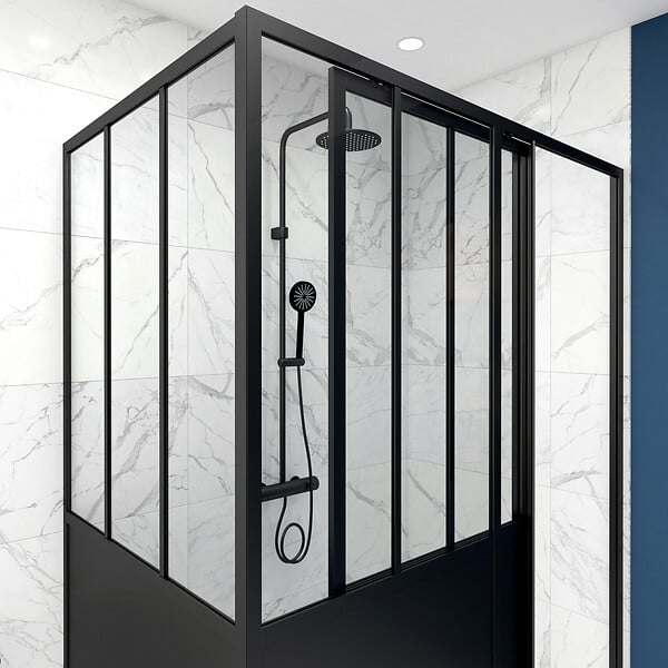 AURLANE - Porte de douche coulissante 120x200cm + retour 80cm type atelier - NOIR MAT - verre 5mm - large