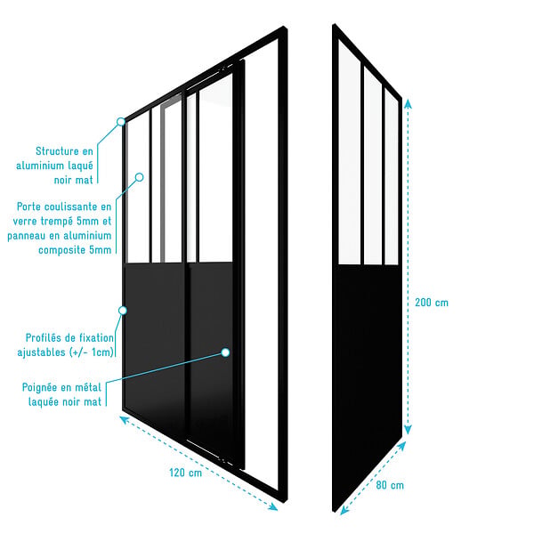 AURLANE - Porte de douche coulissante 120x200cm + retour 80cm type atelier - NOIR MAT - verre 5mm - large