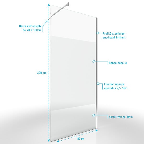 AURLANE - Paroi de Douche Dépolie 80x200cm + Barre de fixation extensible - Verre 8mm - Finition Chrome - large