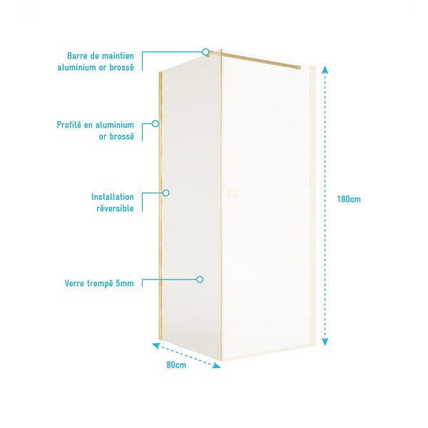 AURLANE - Retour pour Porte de Douche 80x180 cm Verre Trempe 5mm - Finition Or Brosse - GOLD ELEMENTARY - large
