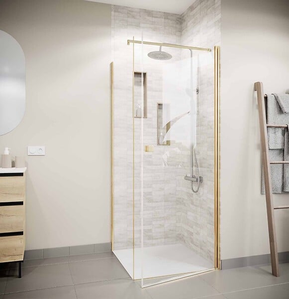 AURLANE - Retour pour Porte de Douche 80x180 cm Verre Trempe 5mm - Finition Or Brosse - GOLD ELEMENTARY - large