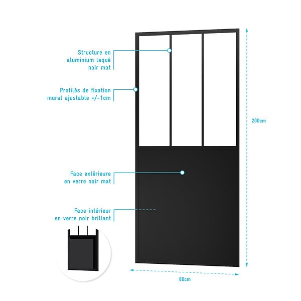 AURLANE - Paroi de retour type atelier 80x200cm pour paroi de douche - PROFILE NOIR MAT - WORKSHOP SIDE 80 - large