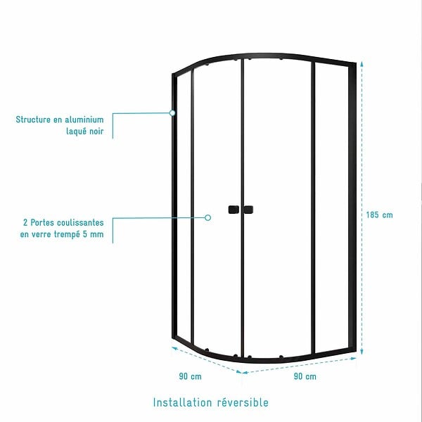 AURLANE - Ensemble portes de douche coulissantes quart de cercle Noir 90x90x185cm - BLACK SLIDE 90 - large