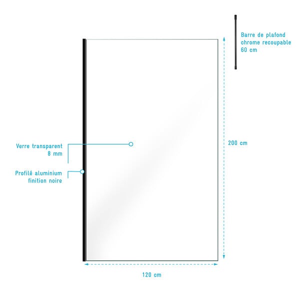 AURLANE - Paroi de Douche 120x200cm Verre Transparent - Profilé + Barre Plafond Noire - FREEDOM 2 BLACK - large