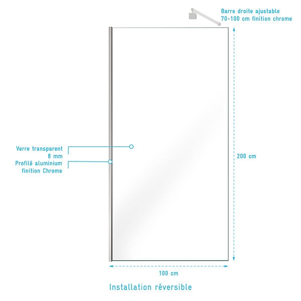 AURLANE - Paroi de Douche 100x200cm Verre Transparent - Barre de Fixation Extensible et Profil Chrome - large