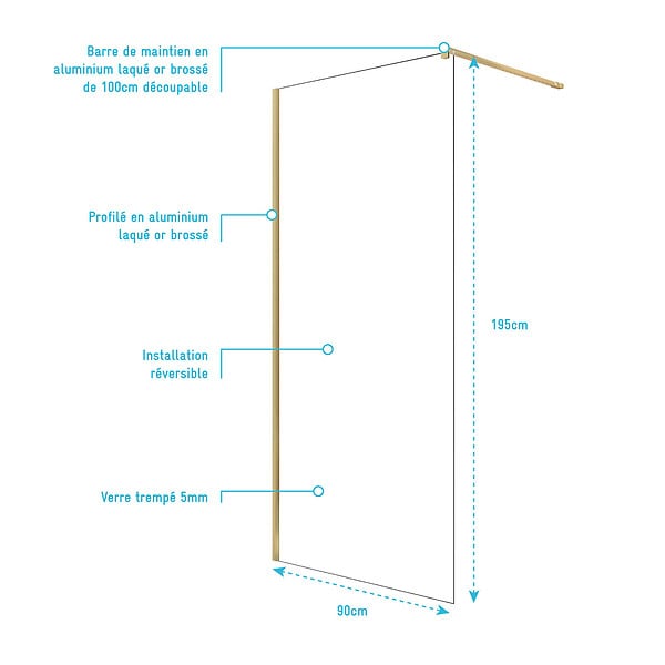 AURLANE - Paroi de Douche 90x195 cm en Verre Trempé 5 mm - Finition Or Brossé - GOLD ELEMENTARY - large