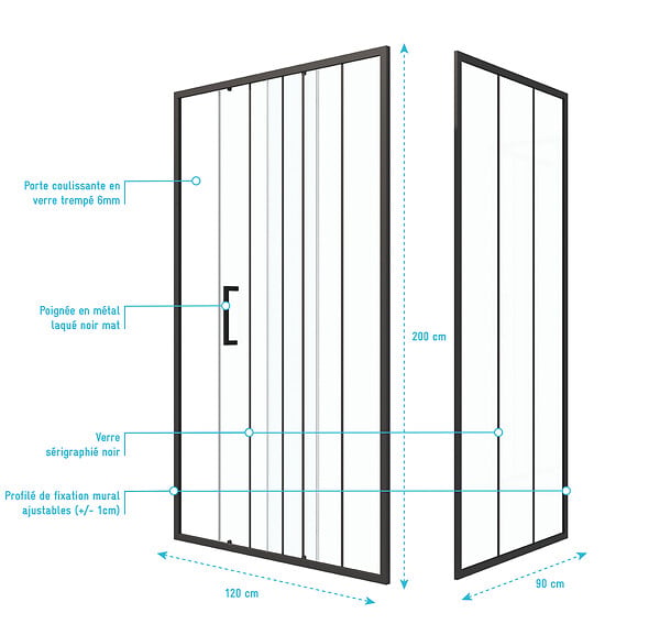 AURLANE - Porte de douche serigraphiee - 120x200cm + Paroi retour - 90x200 cm - PORTE COULISSANTE - large