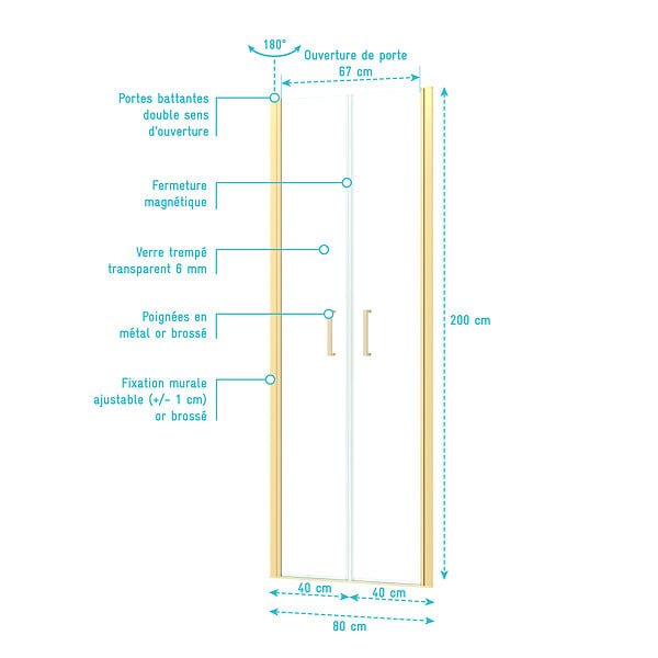 AURLANE - Porte de Douche Double Battant 80x200cm - Verre Trempé Transparent 6mm - Profil Or Doré Brossé - large