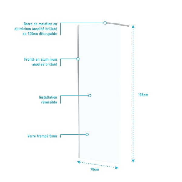 AURLANE - Paroi de Douche 70x195 cm en Verre Trempé 5 mm - Finition Chromé - CHROMED ELEMENTARY - large