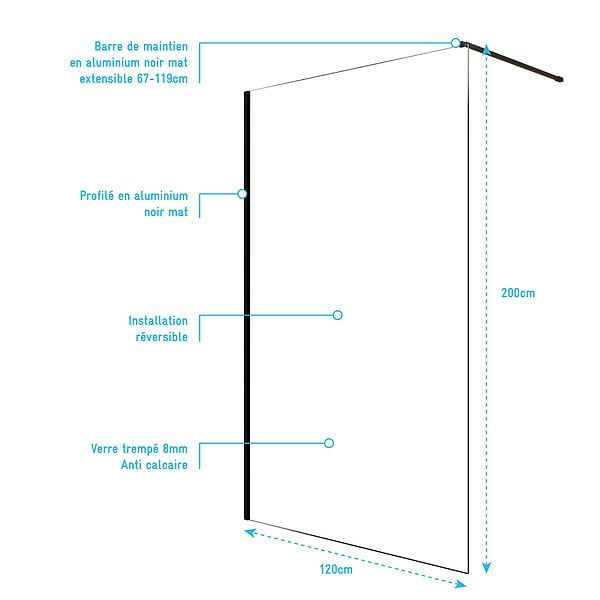 AURLANE - Paroi de Douche 120x200cm en Verre Trempé Transparent 8mm Anticalcaire - Profilé Noir Mat - LINA - large