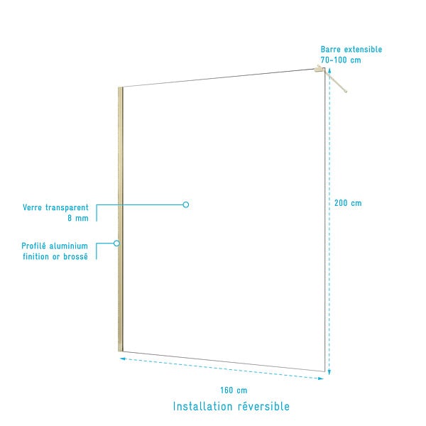 AURLANE - Paroi de Douche 160x200cm Verre Transparent - Barre de Fixation Extensible et Profil Or Brossé - large