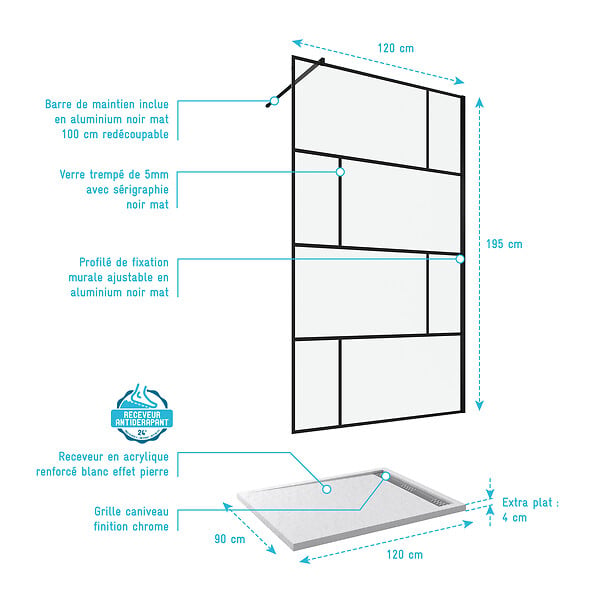 AURLANE - Pack Paroi de douche 120x195 cm + RECEVEUR EN ACRYLIQUE BLANC EFFET PIERRE 120X90 - large