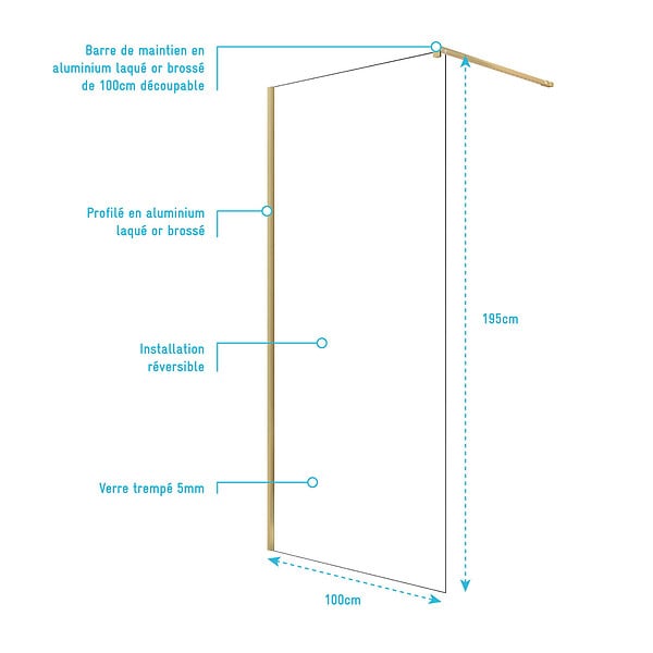 AURLANE - Paroi de Douche 100x195 cm en Verre Trempé 5 mm - Finition Or Brossé - GOLD ELEMENTARY - large