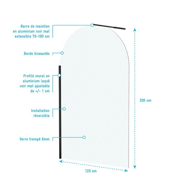 AURLANE - Paroi de Douche arrondie 120x200 cm - Profilé Noir Mat - DARK CURVED - large