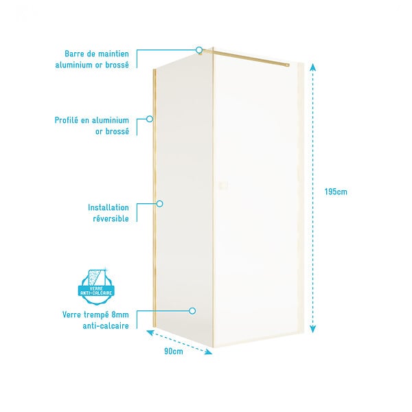 AURLANE - Retour pour Porte de Douche 90x195cm Verre Trempe 8mm Anticalcaire - Alu Or Brosse - GOLD ELEMENTARY - large