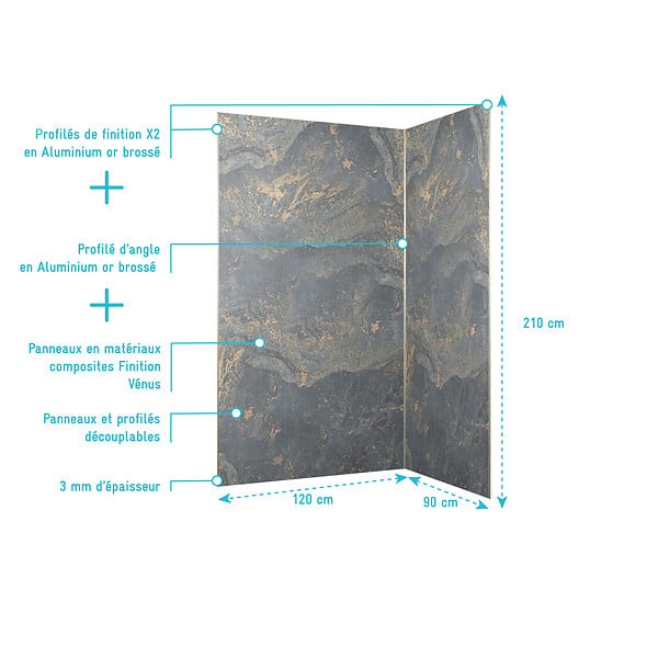 AURLANE - Pack 2 Panneaux Muraux en Pierre Venus 120+90x210 cm + Profilés Or Doré Brossé - large