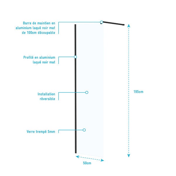 AURLANE - Paroi de Douche 50x195 cm en Verre Trempé 5 mm - Finition Noire - DARK ELEMENTARY - large