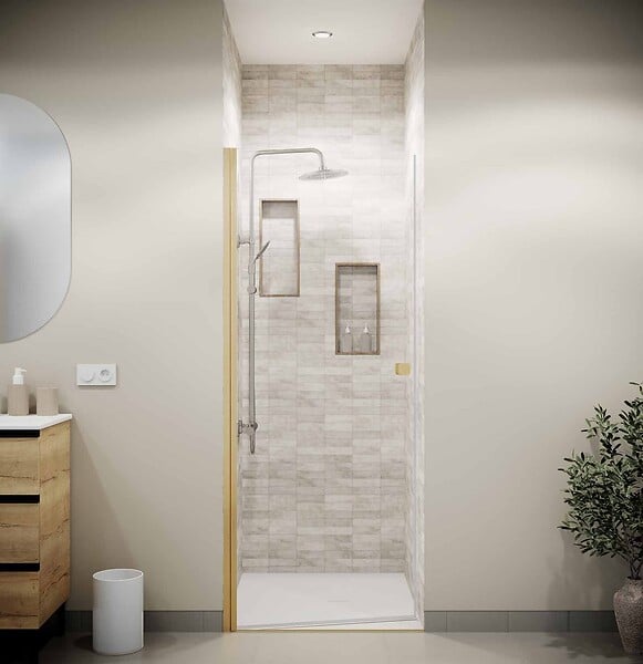 AURLANE - Porte de Douche Pivotante 80x180 cm en Verre Trempe 5 mm - Finition Or Brosse - GOLD ELEMENTARY - large