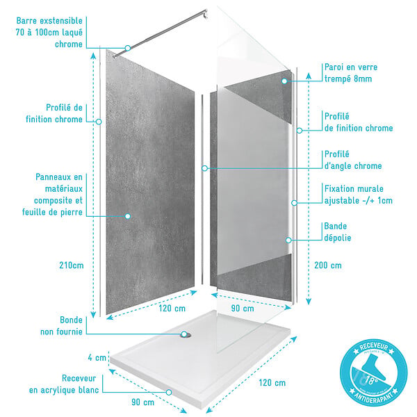 AURLANE - Panneaux Muraux Silver Grey 90+120x210 - Receveur 120x90 - Paroi 8mm Dépolie 120x200 + Bras - large