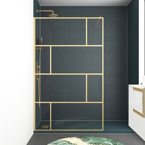 AURLANE - Paroi de douche à l'italienne 120x195cm Sérigraphie type Briques - Doré Or Brossé - GOLDY BLOCKS - large