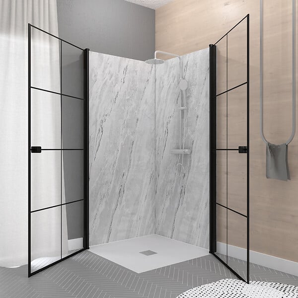 AURLANE - Portes de Douche en Angle 90x90x190 cm - Motifs carrés - Profilés Noir Mat - BLACK CUBE - large