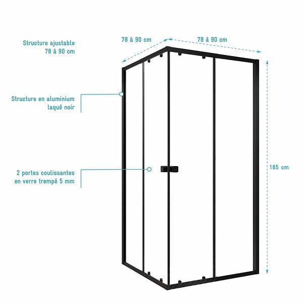 AURLANE - Ensemble portes de douche coulissantes extensibles Noir 80/90x185cm - BLACK SLIDE 80-90 - large