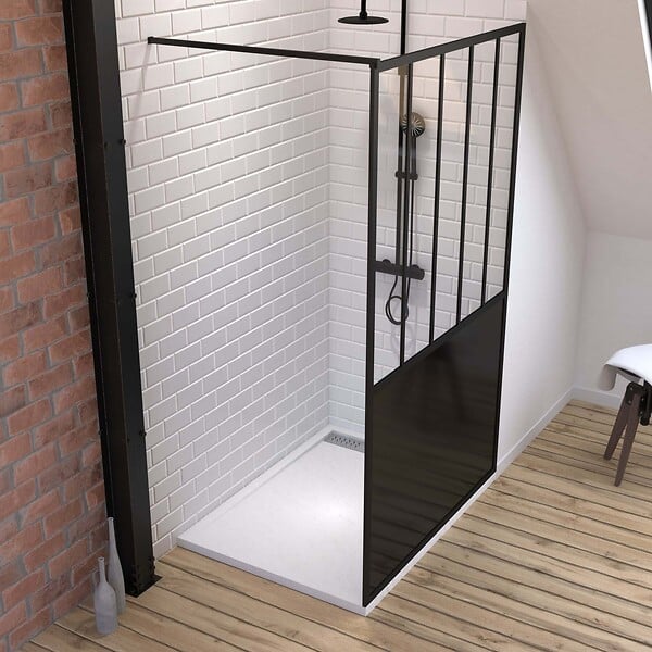 AURLANE - Pack Paroi de douche 120x200 cm noir mat - verre trempe 5mm + Receveur extra plat à poser - caniveau - large