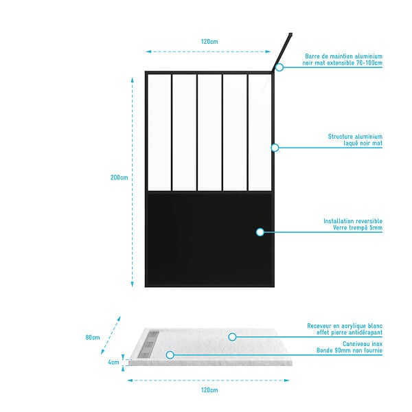AURLANE - Pack Paroi de douche 120x200 cm noir mat - verre trempe 5mm + Receveur extra plat à poser - caniveau - large