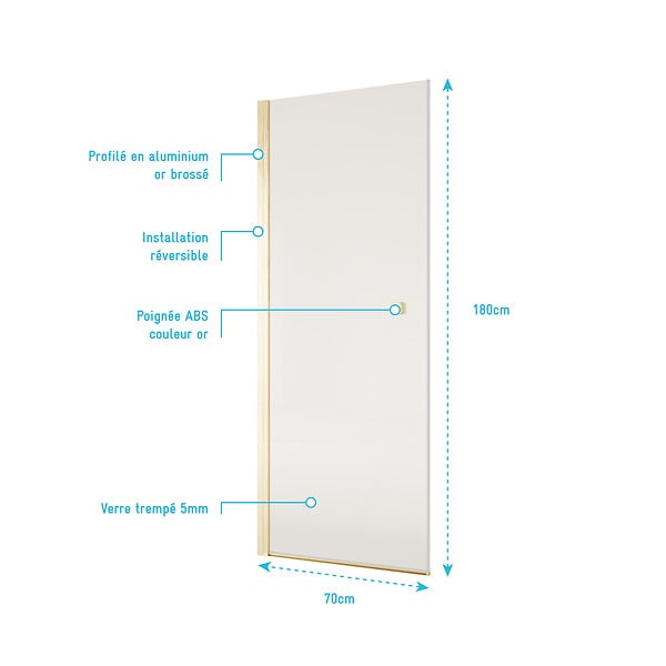 AURLANE - Porte de Douche Pivotante 70x180 cm en Verre Trempe 5 mm - Finition Or Brosse - GOLD ELEMENTARY - large