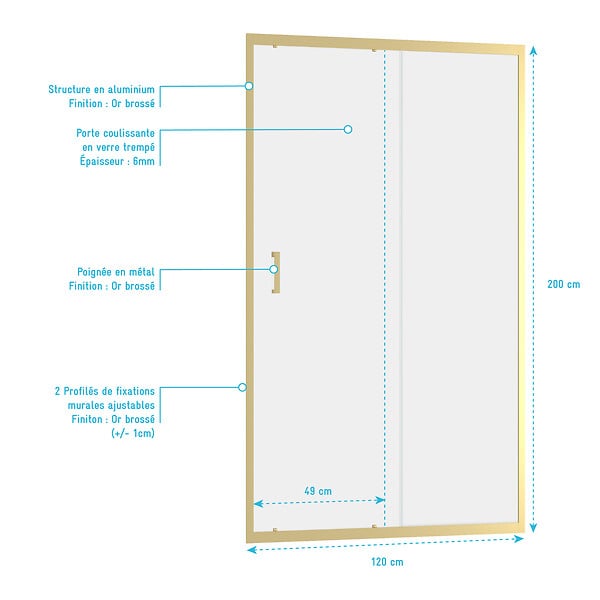 AURLANE - Porte de douche Coulissante 120x200cm - Profilés Or Doré Brossé - Verre Trempé 6mm - GOLDY CRUSH - large