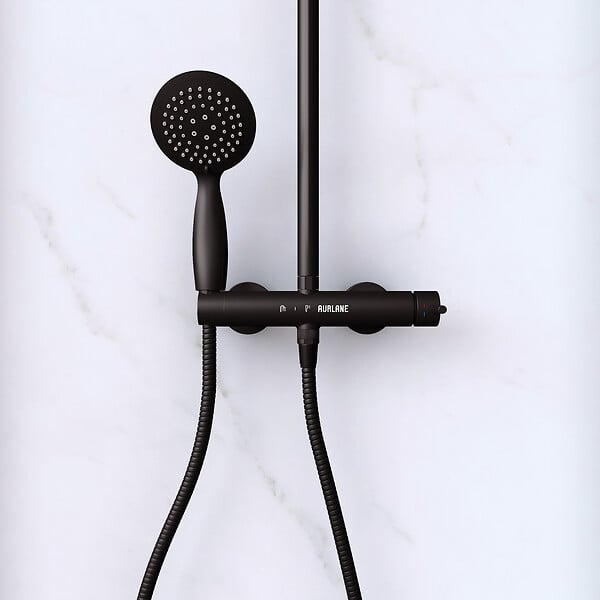 AURLANE - Paroi de Douche 120x195 Motif Verrière + Receveur Blanc 80x120 + Colonne de Douche Noire Mécanique - large