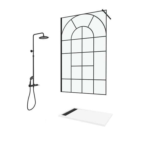 AURLANE - Paroi de Douche 120x195 Motif Verrière + Receveur Blanc 80x120 + Colonne de Douche Noire Mécanique - large