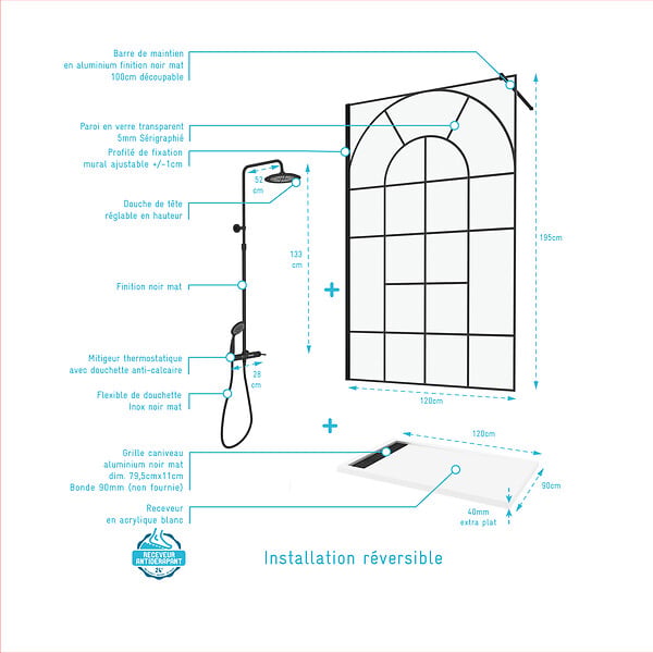 AURLANE - Paroi de Douche 120x195 Motif Verrière + Receveur Blanc 80x120 + Colonne de Douche Noire Mécanique - large