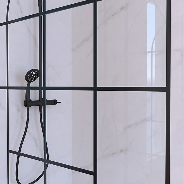 AURLANE - Paroi de Douche 120x195 Motif Verrière + Receveur Blanc 80x120 + Colonne de Douche Noire Mécanique - large