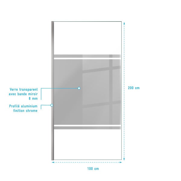 AURLANE - Paroi de Douche avec Bande Miroir 100x200cm - Verre 8mm - Profilé Chrome - FREEDOM 2 MIRROR - large