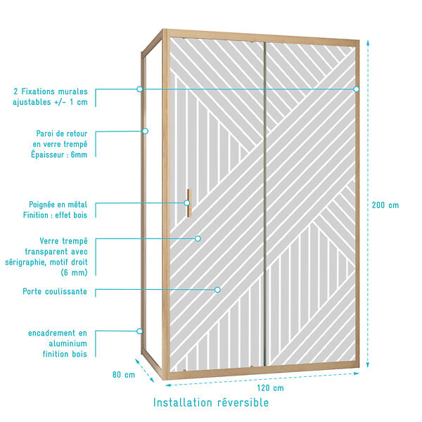 AURLANE - Porte de Douche Coulissante avec Retour 120x80x200cm Style Japandi Géométrique - Cadre Effet Bois - large