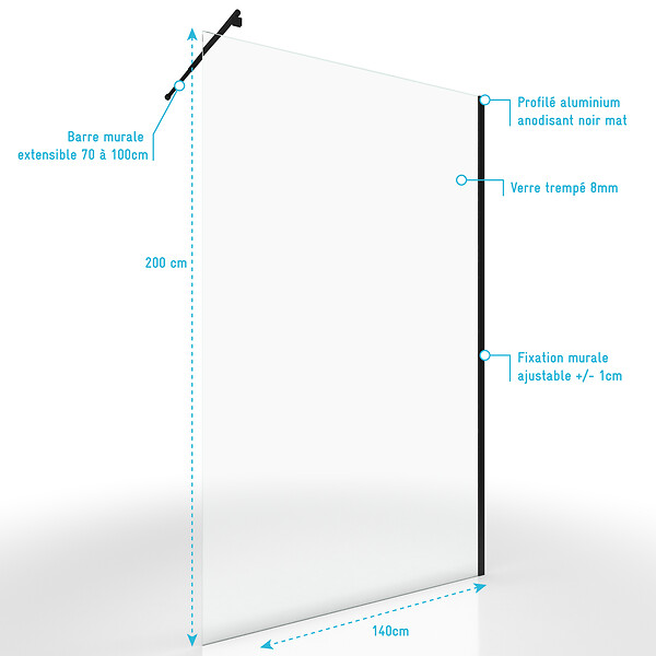 AURLANE - Paroi de Douche 140x200cm Verre Transparent - Barre de Fixation Extensible et Profil Noir - large