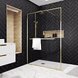 AURLANE - Paroi de Douche Or Doré Brossé 140x200cm - Porte-Serviette et Etagère - vignette