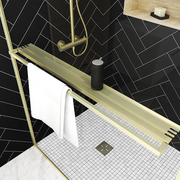 AURLANE - Paroi de Douche Or Doré Brossé 140x200cm - Porte-Serviette et Etagère - large