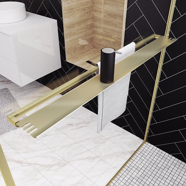 AURLANE - Paroi de Douche Or Doré Brossé 140x200cm - Porte-Serviette et Etagère - large