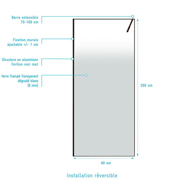 AURLANE - Paroi de douche 90x200cm - Verre degrade blanc effet brume - Encadrement noir mat - NEPHELIE - large