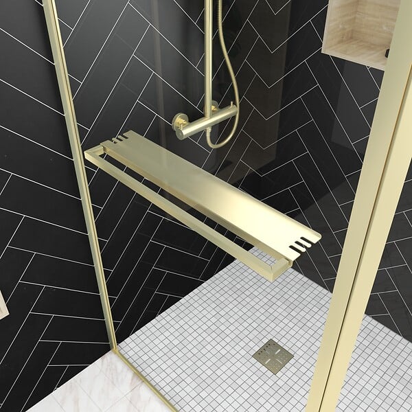 AURLANE - Paroi de Douche avec Volet Pivotant 90+40x200 cm - Porte-serviette + Etagère Finition Or Doré Brossé - large